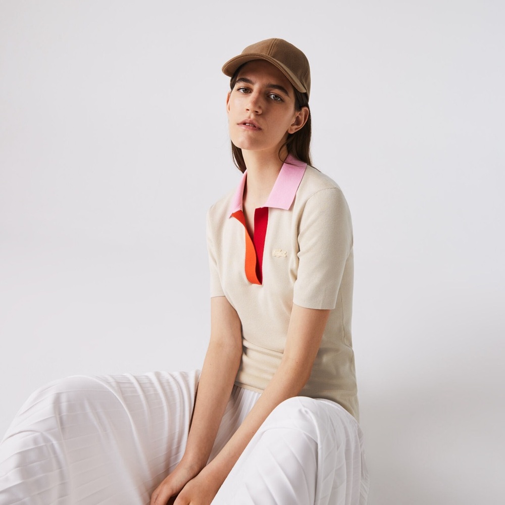 Lacoste Logo Cream Polo Shirt with Pink Red and Orange Trim